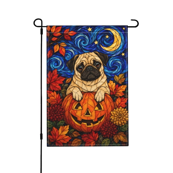 Pug Dog Autumn Garden Flag 12 x 18 Inch Double Sided, Small Outdoor Decoration for Porch Patio Lawn