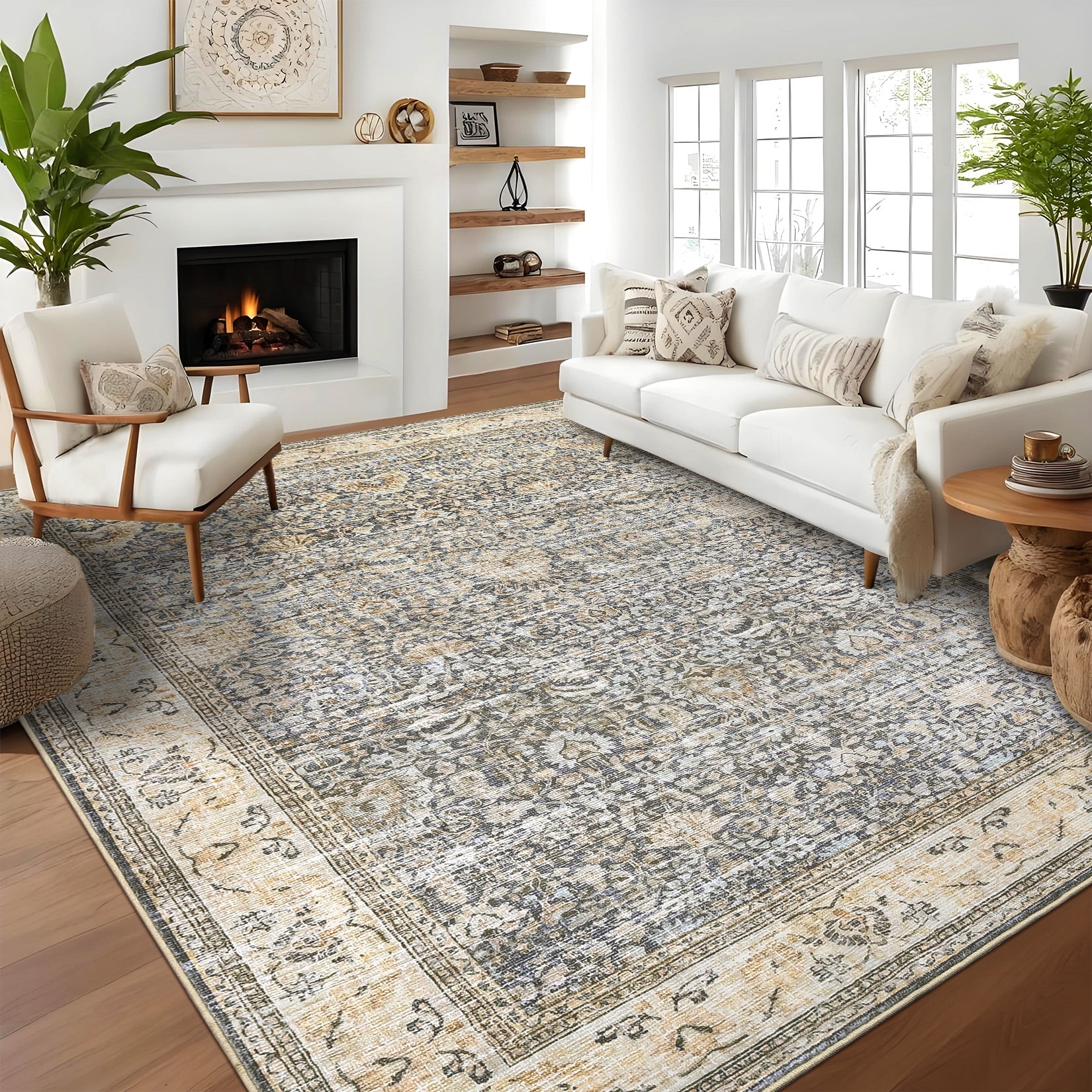 Washable Area Rugs, Beige Yellow 5'X7' Antique Distressed Large Rug for Living Room, Modern Non Slip Stain Resistant Vintage Print Accent Carpet Floor Mat for Bedroom Dining Office Farmhouse