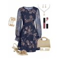 thumbnail image 7 of Navy Blue Womens Floral Embroidered Short Dress With Sheer Long Sleeves And Round Neck, 7 of 7