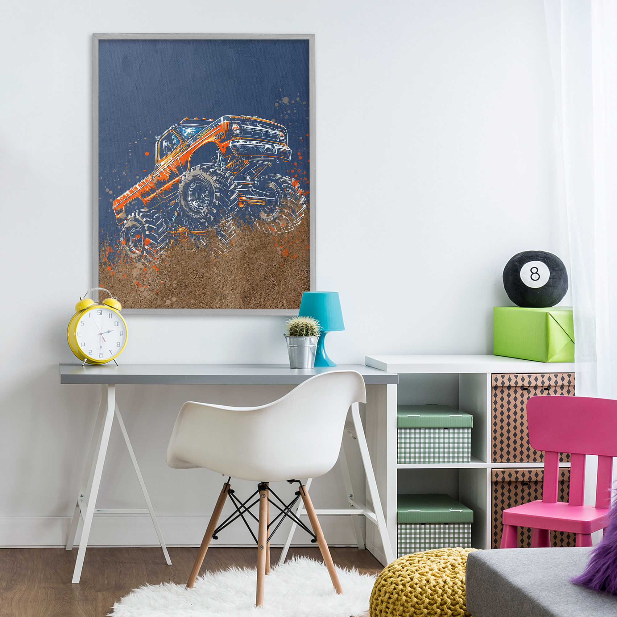 My Jam Monster Truck Gray Framed Giclee Art, design by Kim Allen