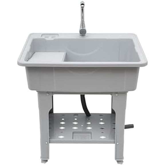 Utility Sink Laundry Tub with Washboard – Freestanding Plastic, Hot/Cold Faucet, Large Storage Shelf, Indoor/Outdoor Use (Hoses & Drain Kit Included) Grey | Tools & Hardware Other