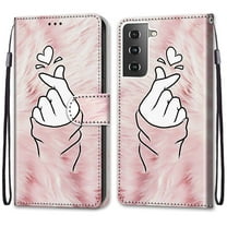 For Samsung Galaxy S21 Case, Mantto Magnetic PU Leather Phone Case With Hand Rope Strap Cute Pattern Painted Flip Credit/ ID Card Wallet Slots Stand, Hand Heart