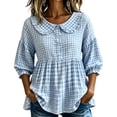 thumbnail image 3 of BODOAO Women's 2026 Gingham Peplum Blouse, 3/4 Puff Sleeve Button Down Shirt, Lightweight Breathable Loose Fit Cute Casual Top for Summer Fall Daily Wear Outfits Blue L, 3 of 4
