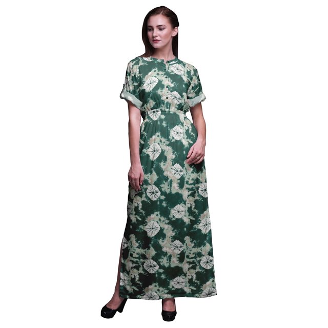 Bimba Robe Longue en Rayonne Bandhani Teinture sur Nœuds à Taille Smockée Imprimée avec Fente Latérale pour Femme - Grande