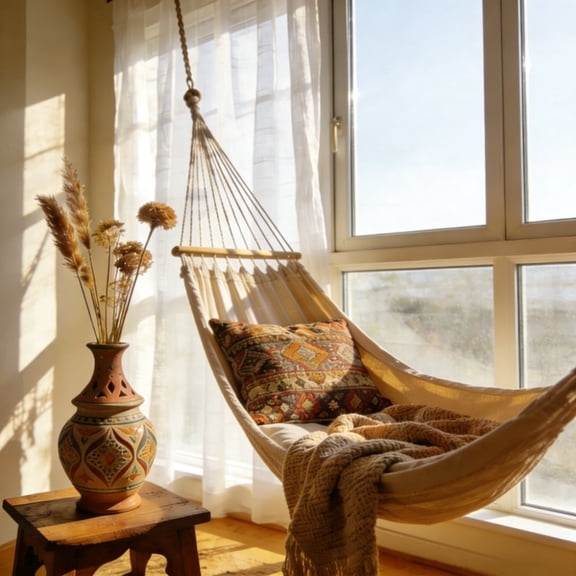 A Portable Swing Hammock Made Of Hand- Rope. Thickened And Widened Double Canvas Hammock with Anti-slip Design, White Bohemian Tassels. Ideal for Outdoor Patios And Camping,. A Beach Hammock
