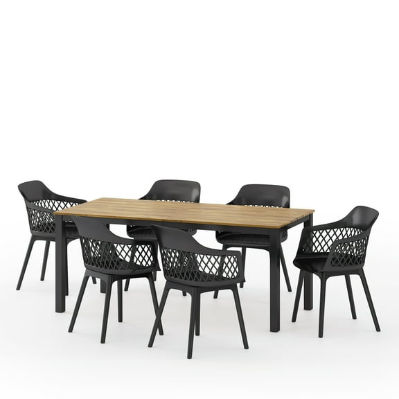 Boggio Wood and Resin Outdoor 7 Piece Dining Set, Black and Teak