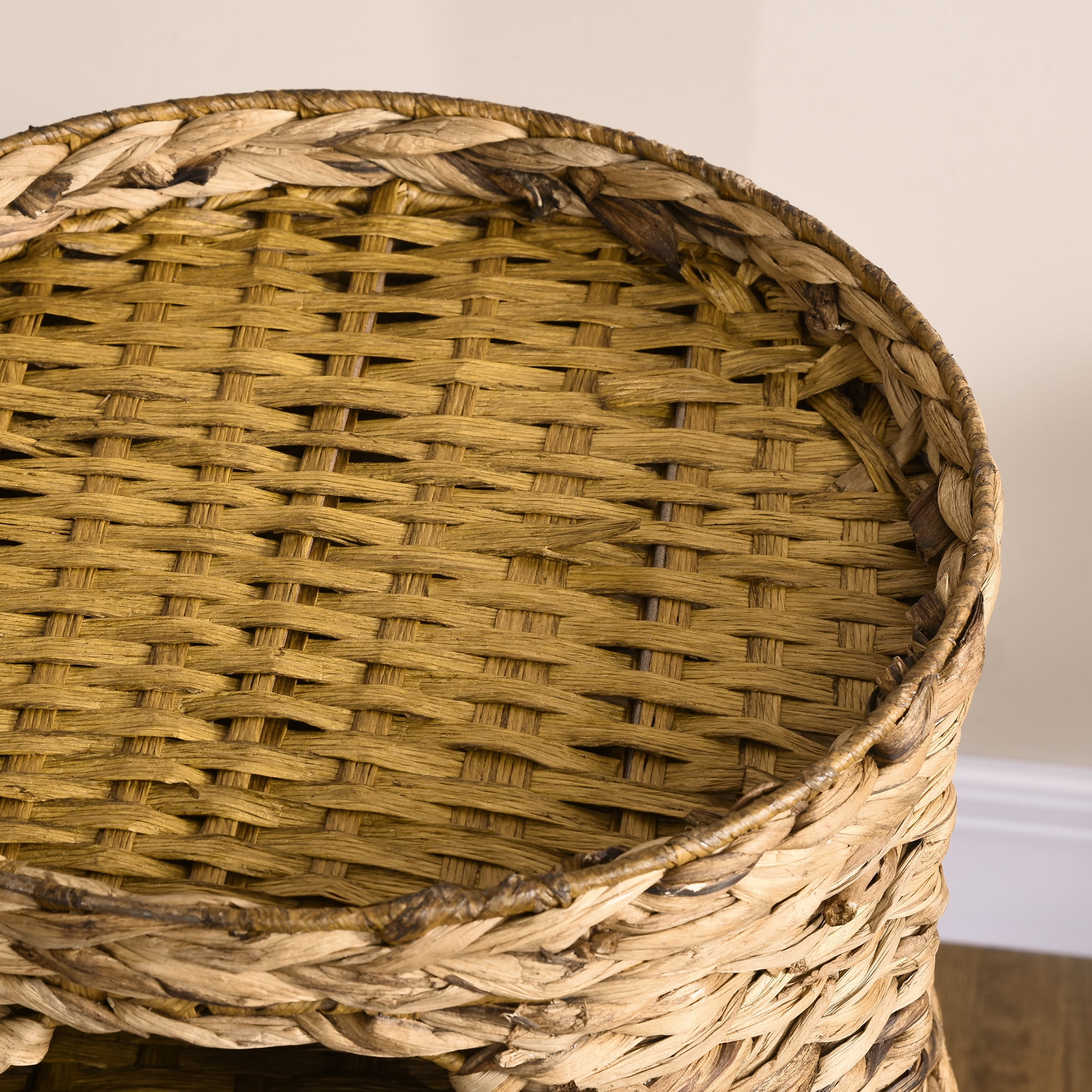 Elevated Cat Bed Tower with 3 Hideaways & 4 Plush Cushions, Multi-Layer Hand-Woven Water Hyacinth Cat Cave, Space-Saving Raised Kitten Resting Perch for Indoor Cats