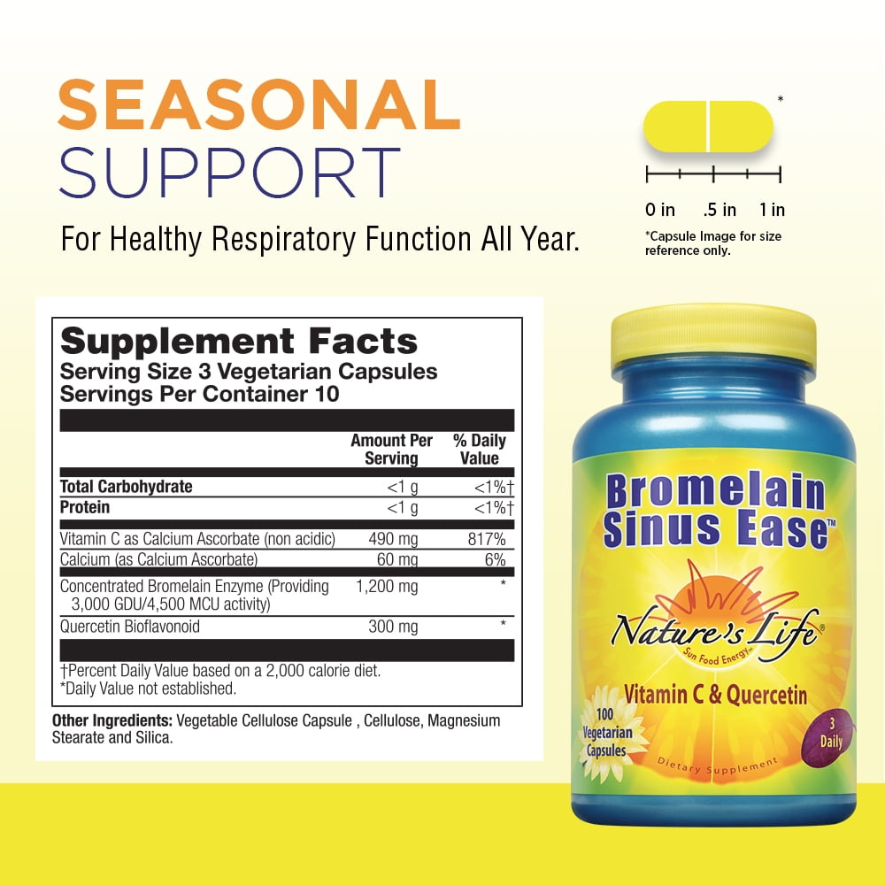 Nature's Life Bromelain Sinus Ease 1200mg | With Vitamin C & Quercetin | Sinus Health, Immune Function & Seasonal Support | 100 Vegetarian Capsules