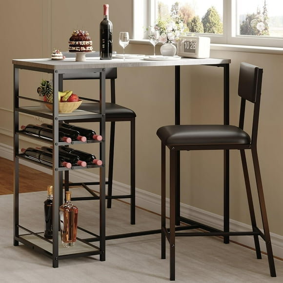 Yiwa Ensemble de Salle à Manger Compact 3 Pcs, Comprend 2 Chaises en Similicuir, Casier à Vin Intégré et Porte-Gobelet, Table Rectangulaire avec Étagères à 4 Niveaux pour Cuisine, Coin-Déjeuner Ou Studio