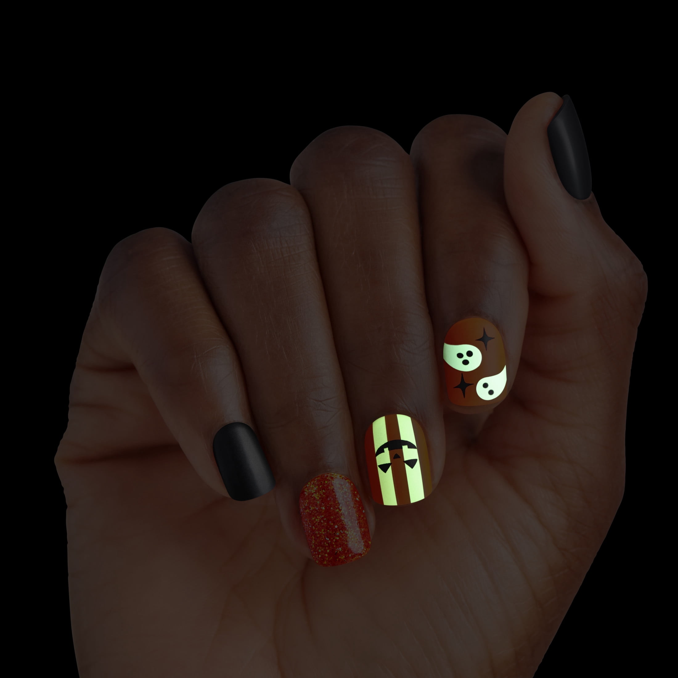 Kiss Impress Press On Nails Short, Halloween, ‘Dead Glam’, Orange & Black, Squoval, 30 Count