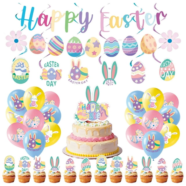 Easter Party Supplies, Happy Easter Party Tableware, Happy Easter Banner, Rabbit Paper Plates Napkins Cups for Easter Spring Party Decorations