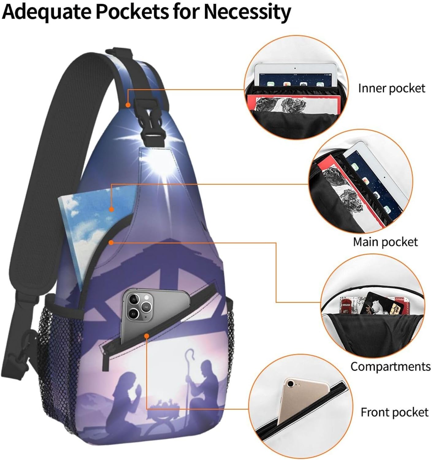 Christmas Nativity Jesus Holy Night Sling Bag Crossbody Hiking Travel Chest Bags Backpack Shoulder Daypack for Women Men