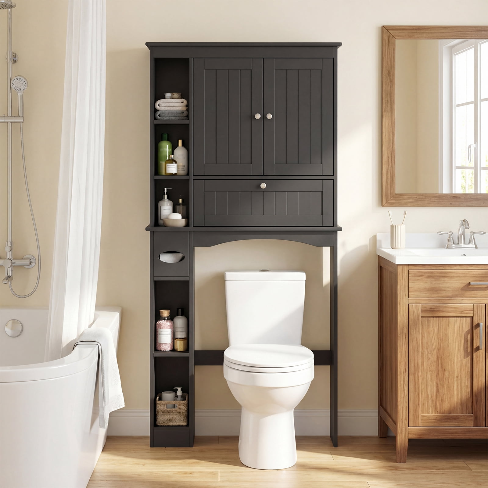 Costway Over the Toilet Storage Cabinet with 2 Doors, Adjustable Shelf & Bottom Bar, Black