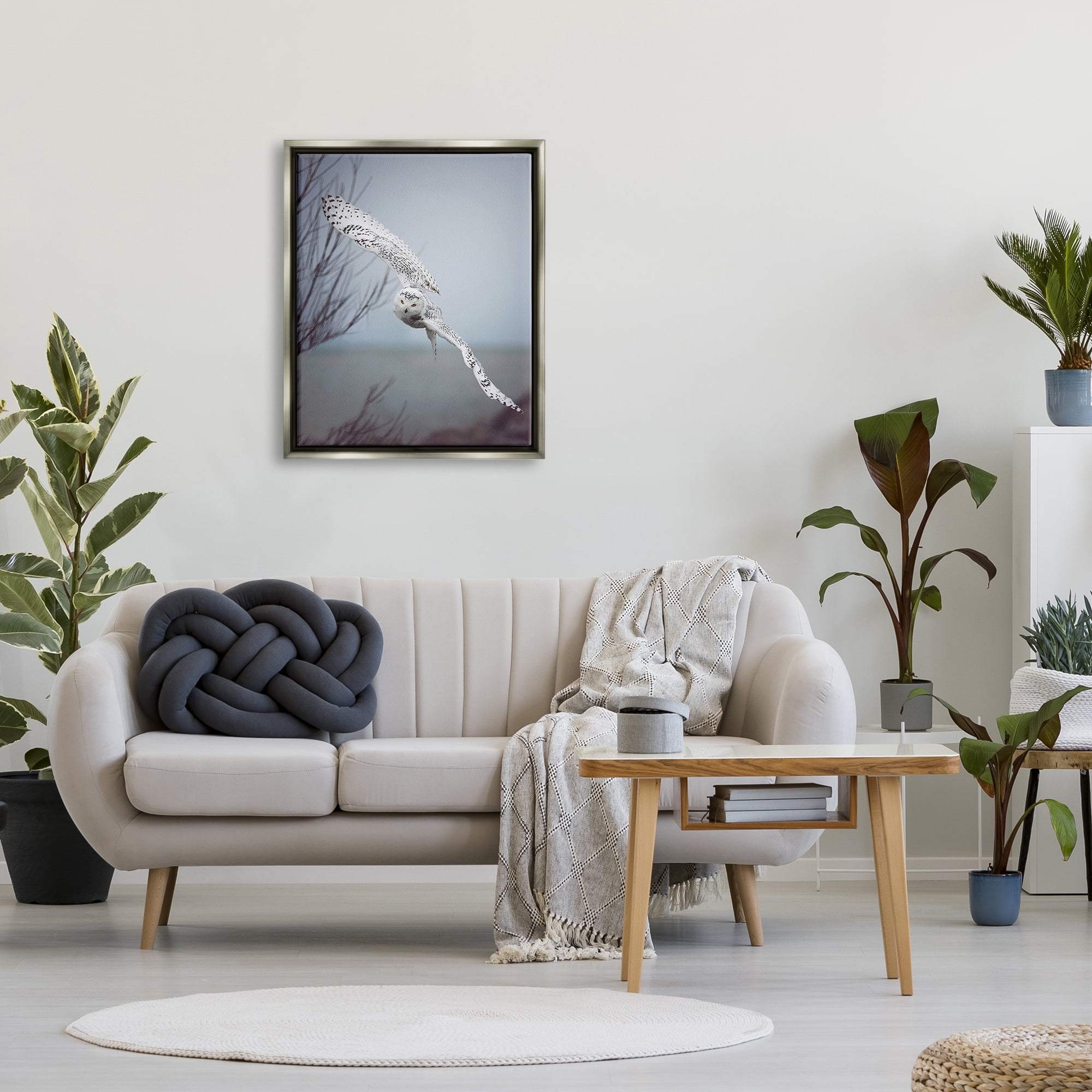 Stupell Industries Majestic Snowy Owl Flying Wingspan Wildlife Photography Photograph Luster Gray Floating Framed Canvas Print Wall Art, Design by Carrie Ann Grippo-Pike
