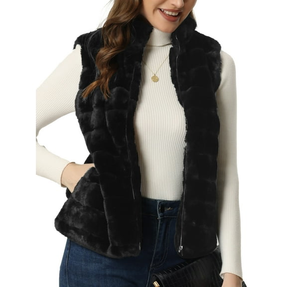 INSPIRE CHIC Stylish Faux Fur Vest for Women's Zip-Up Sleeveless Fur Jacket for Casual Wear XS Black