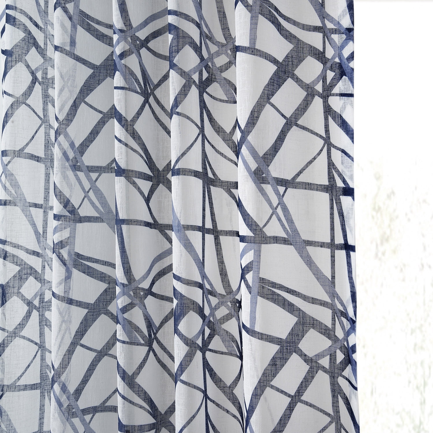 Matrix Blue Printed Faux Linen Sheer Curtain (1 Panel), Matrix Blue, 50W X 96L