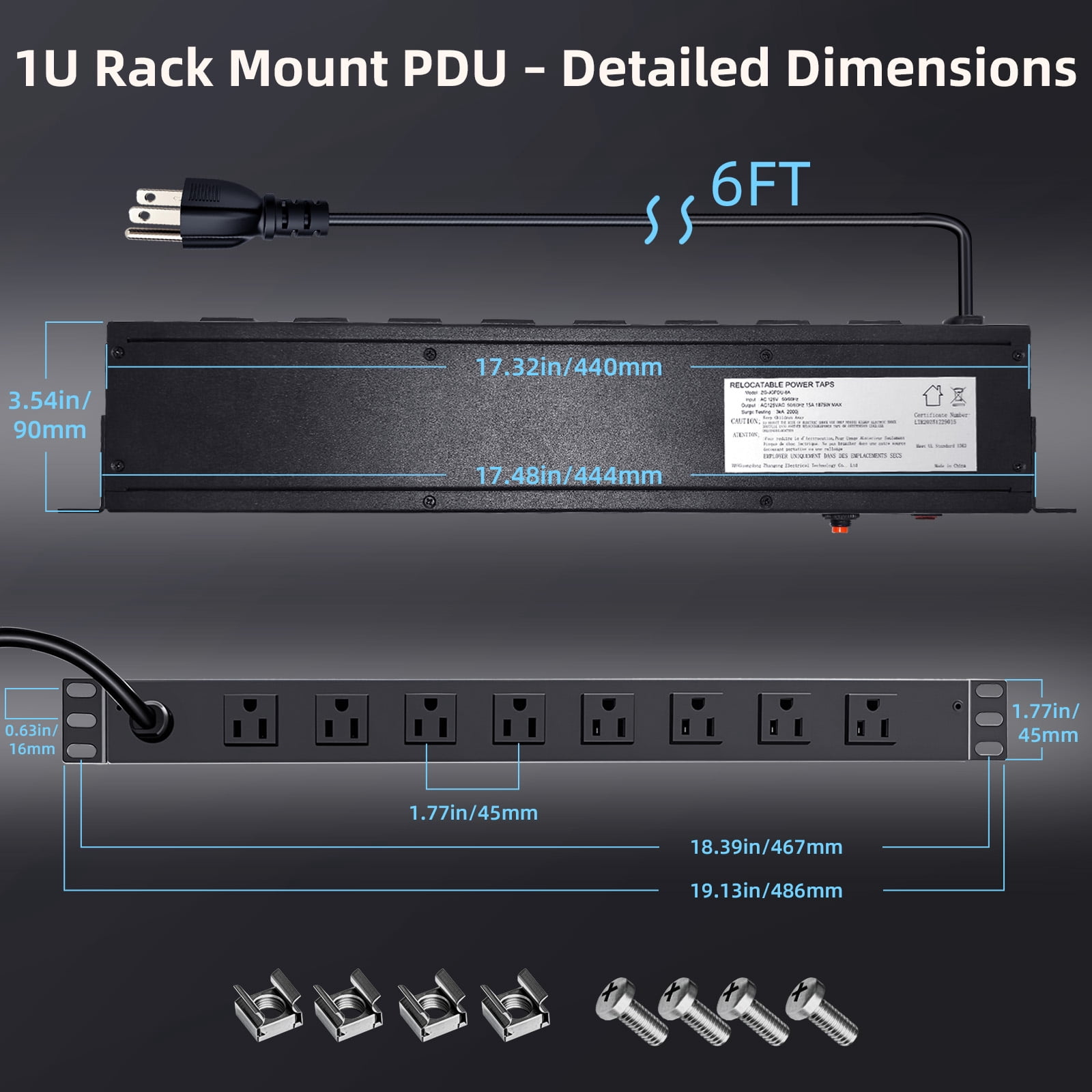 ZHANGONG 1U Rack Mount PDU, 8-Outlet Power Strip with Surge Protector, 2000J, 15A Overload Protection, 6FT 14AWG Cord for Server Rack Network Studio