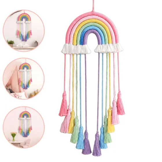 Toddler Girl Room Decor, Macrame Wall Hanging, Pink Rainbow Decor Hand-Woven Tassel Tapestry, Girls Room Wall Decor for Nursery Home Decoration