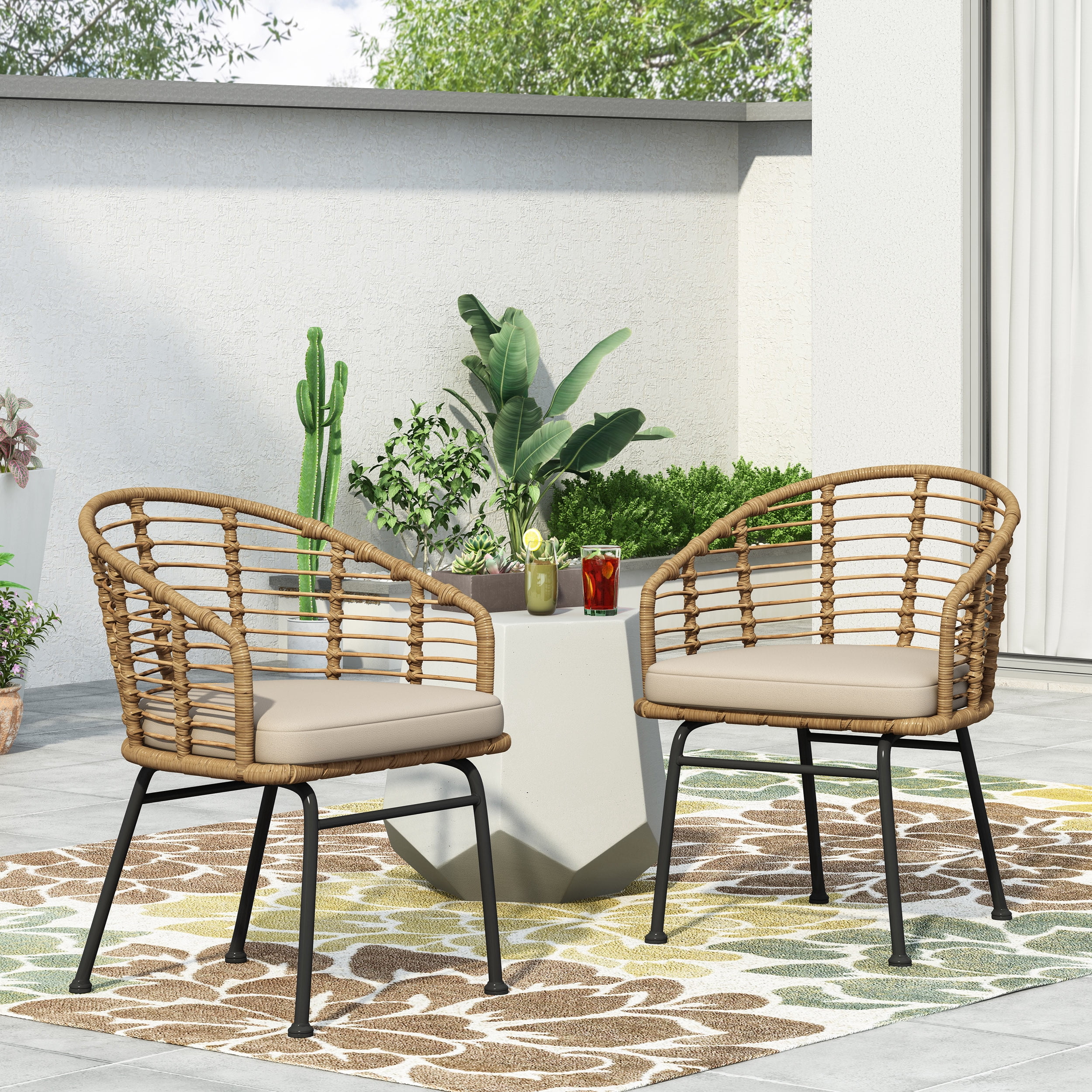 Outdoor Single Leisure Seat Chair, Wicker Weave Relaxing Chair for Patio Garden, Light Brown