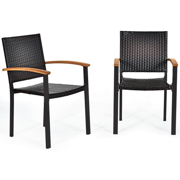 BLACK JAGUAR Patio Rattan Dining Armchair 2 Set of Wicker Chair W/Steel Frame Acacia Armrests Indoor & Outdoor