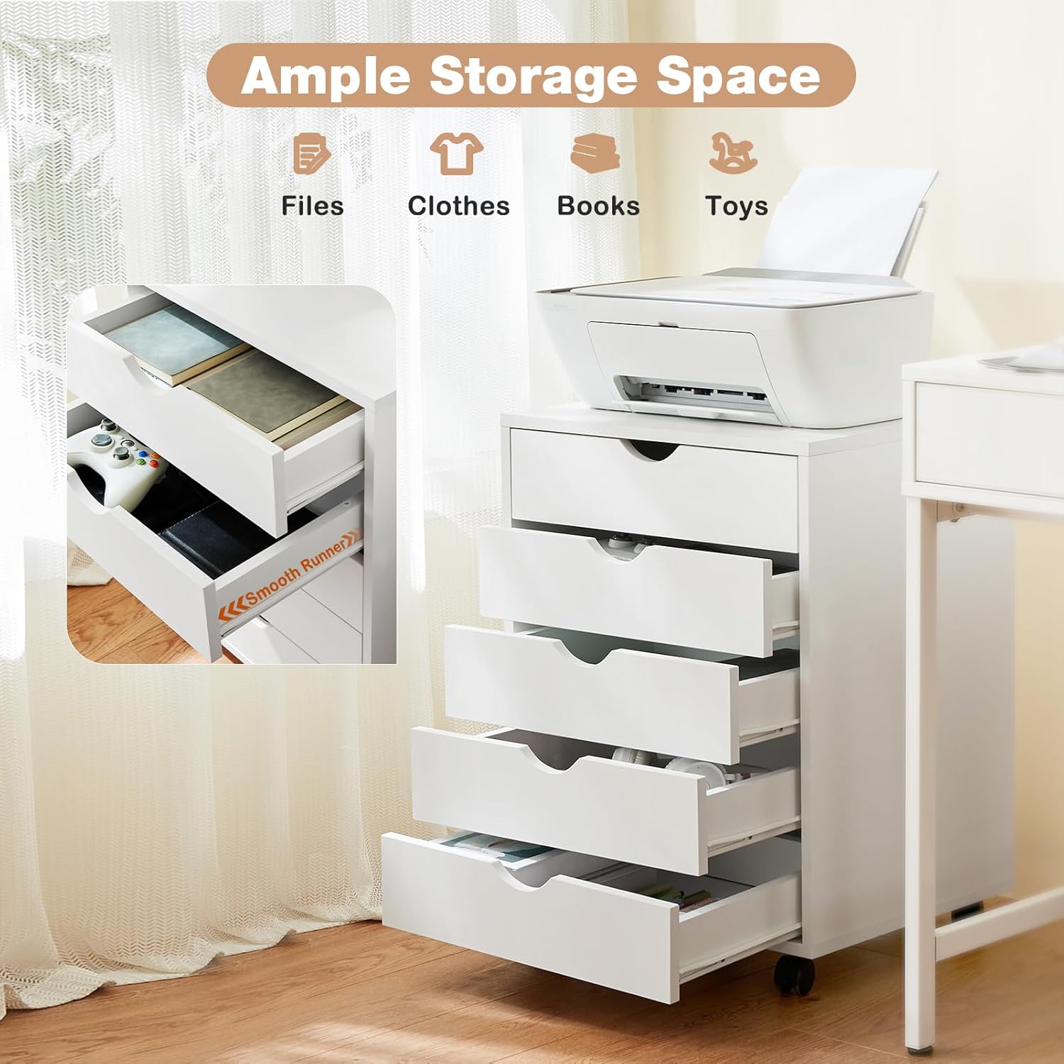 5 Drawer Storage Organizer, 25.39'' Height File Cabinets Dressers With Wheels, Wood Underdesk Cabinet For Home Office, Bedroom, Study, White