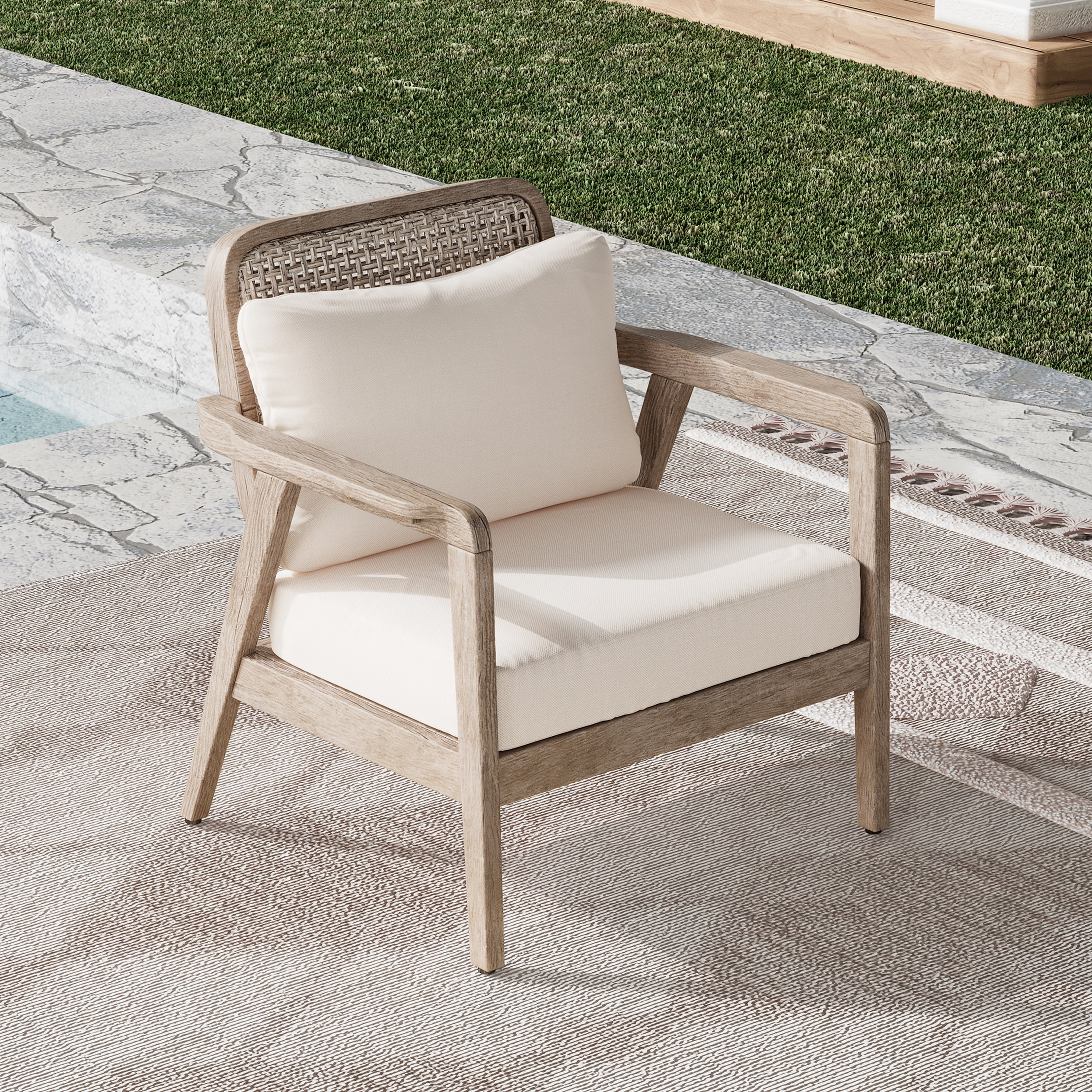 Outdoor Acacia Wood Patio Club Chair, Patio Furniture Waterproof Thick Cushion for Porch Garden, Light Brown and Cream