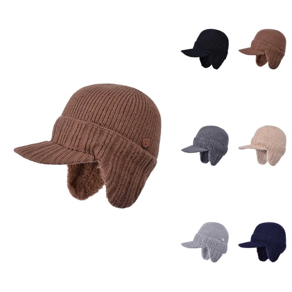 Winter Knit Hat with Full Head and Ear Coverage, Thermal Insulated Beanie with Visor and Lining for Outdoor Activities and Winter Sports