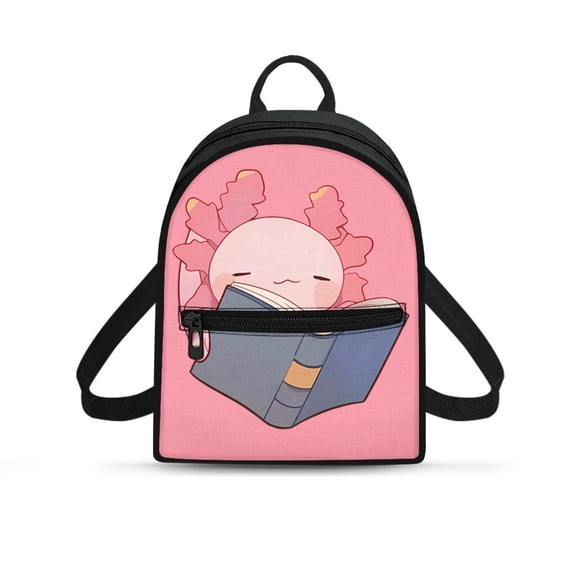 HELLHERO Small Travel Backpack with Reading Axolotl, Lightweight Water Resistant Polyester Mini Backpack Purse for Travel and Outdoor