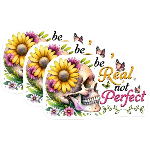 (3 Pack) Skull Flower Decals - Butterfly Decal - Be Real Not Perfect Stickers - 3 Inches On Longest Side - Easy Peel & Apply - Made in USA - 3MCS6141
