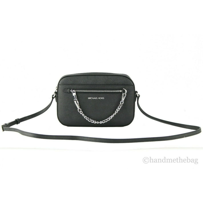 Michael Kors Jet Set Item Large East West Saffiano Leather Zip Chain  Crossbody Handbag (Black Solid/Silver) 