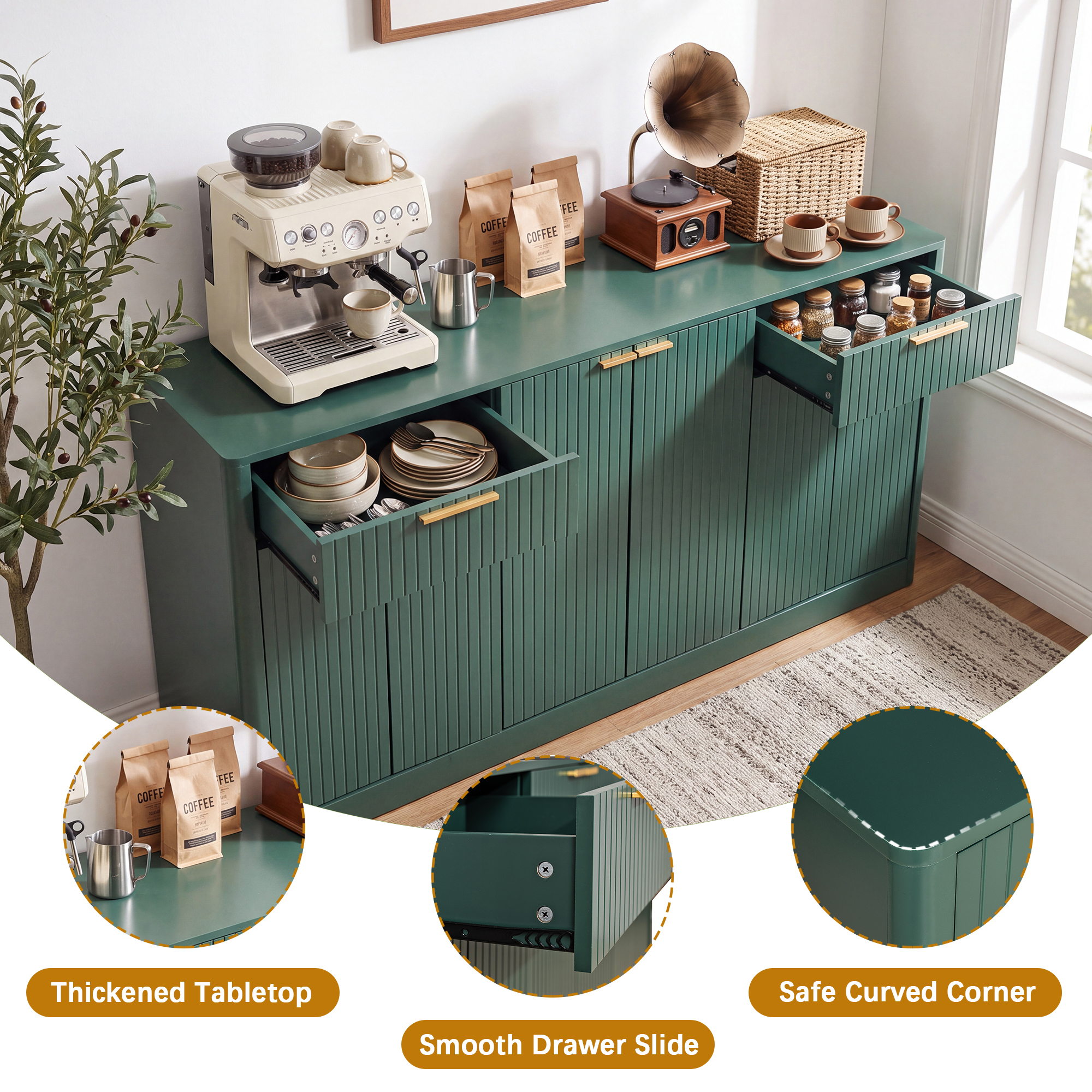 HOQBN 67" Fluted Buffet Sideboard, Modern Storage Cabinet with 6 Doors & 2 Drawers,Large Credenza for Dining Room,Living Room,Entryway,Dark Green