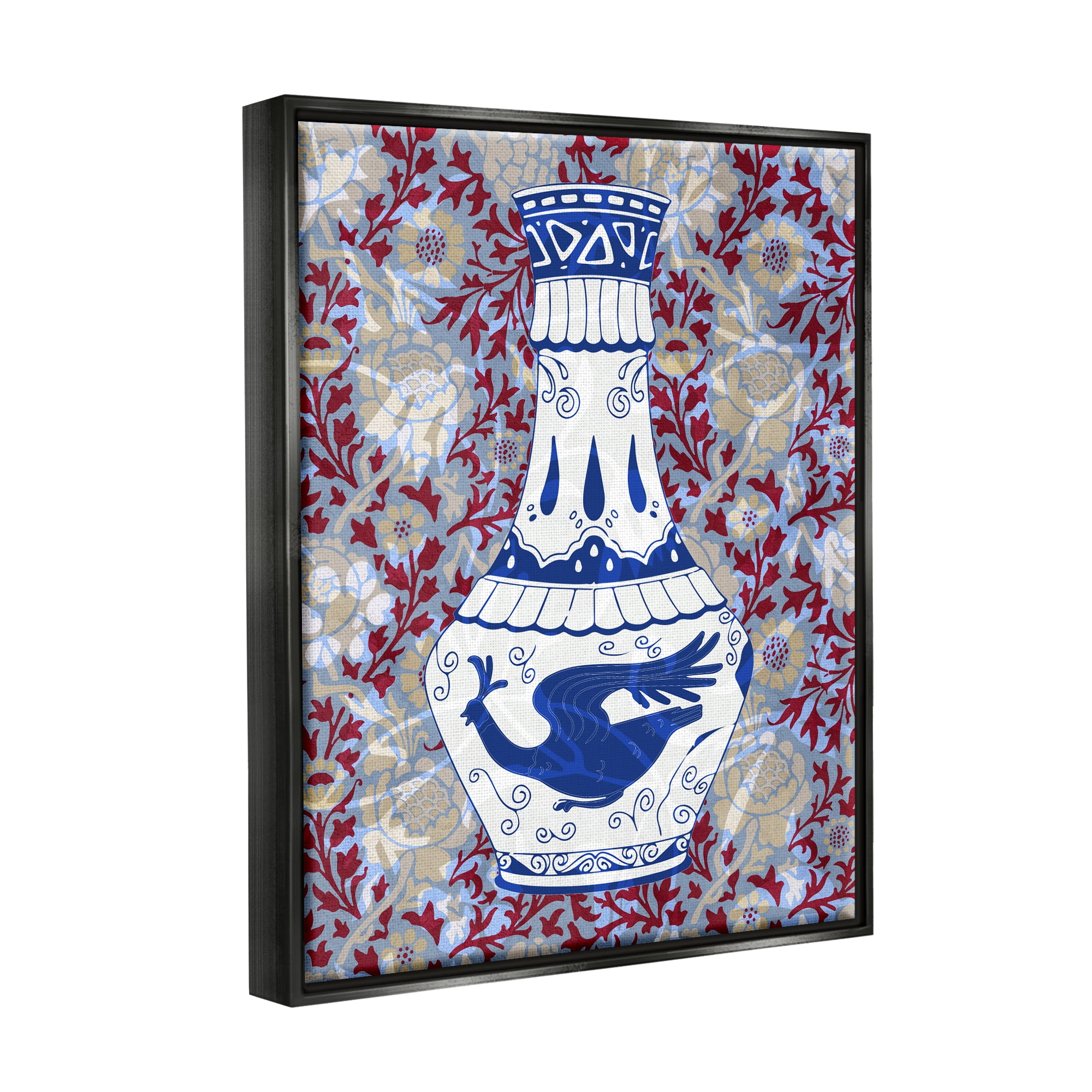 Stupell Industries Red & Blue Baroque Vase Pattern Botanical & Floral Painting Black Floater Framed Art Print Wall Art