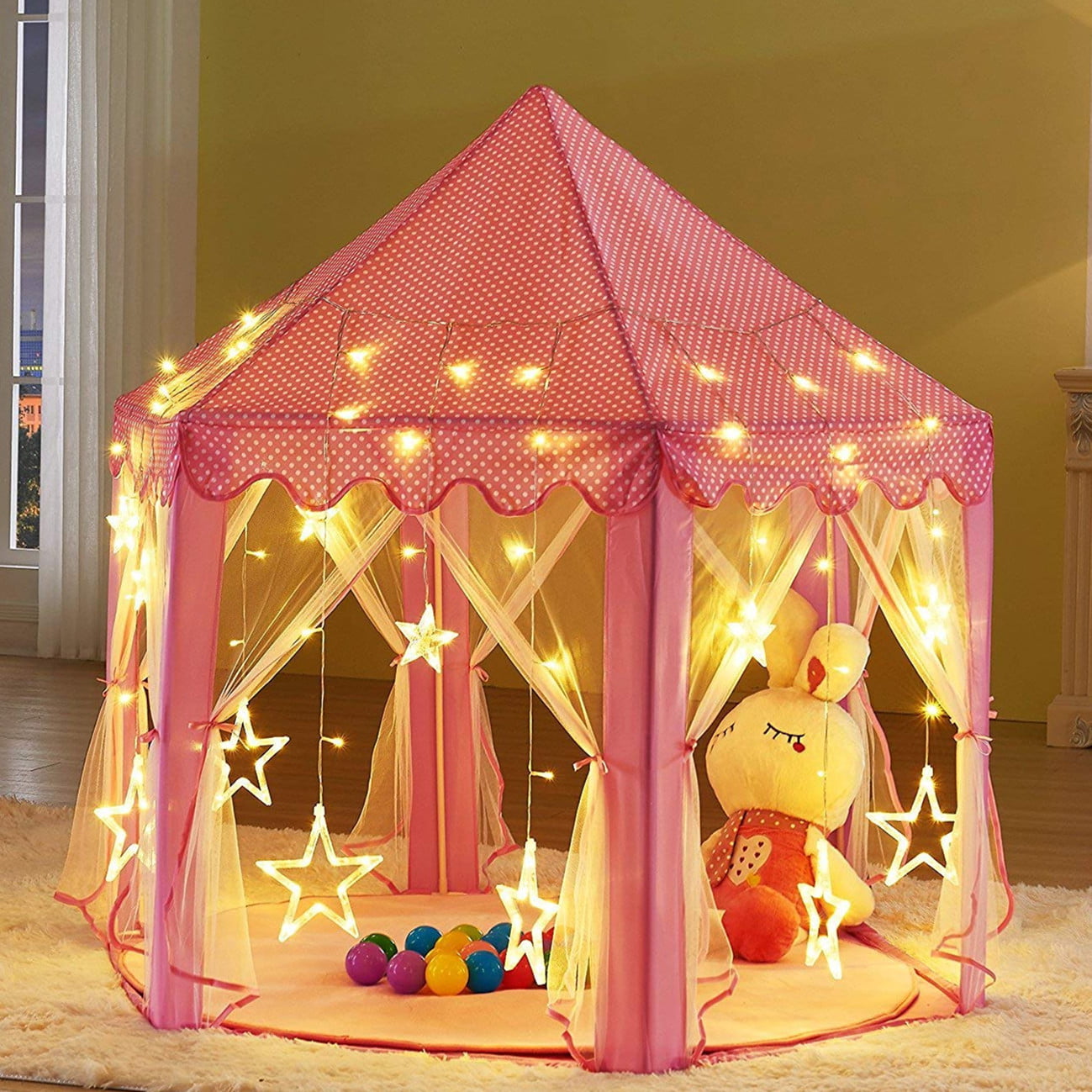 Children Kids Play Tent Fairy Princess Girls Boys Hexagon Playhouse House+Light 