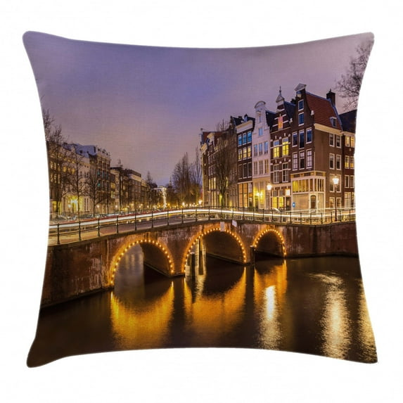Landscape Throw Pillow Cushion Cover, Old Historical Bridge in Netherlands Twilight European Architecture Town Scenery, Decorative Square Accent Pillow Case, 20 X 20 Inches, Amber Lilac, by Ambesonne