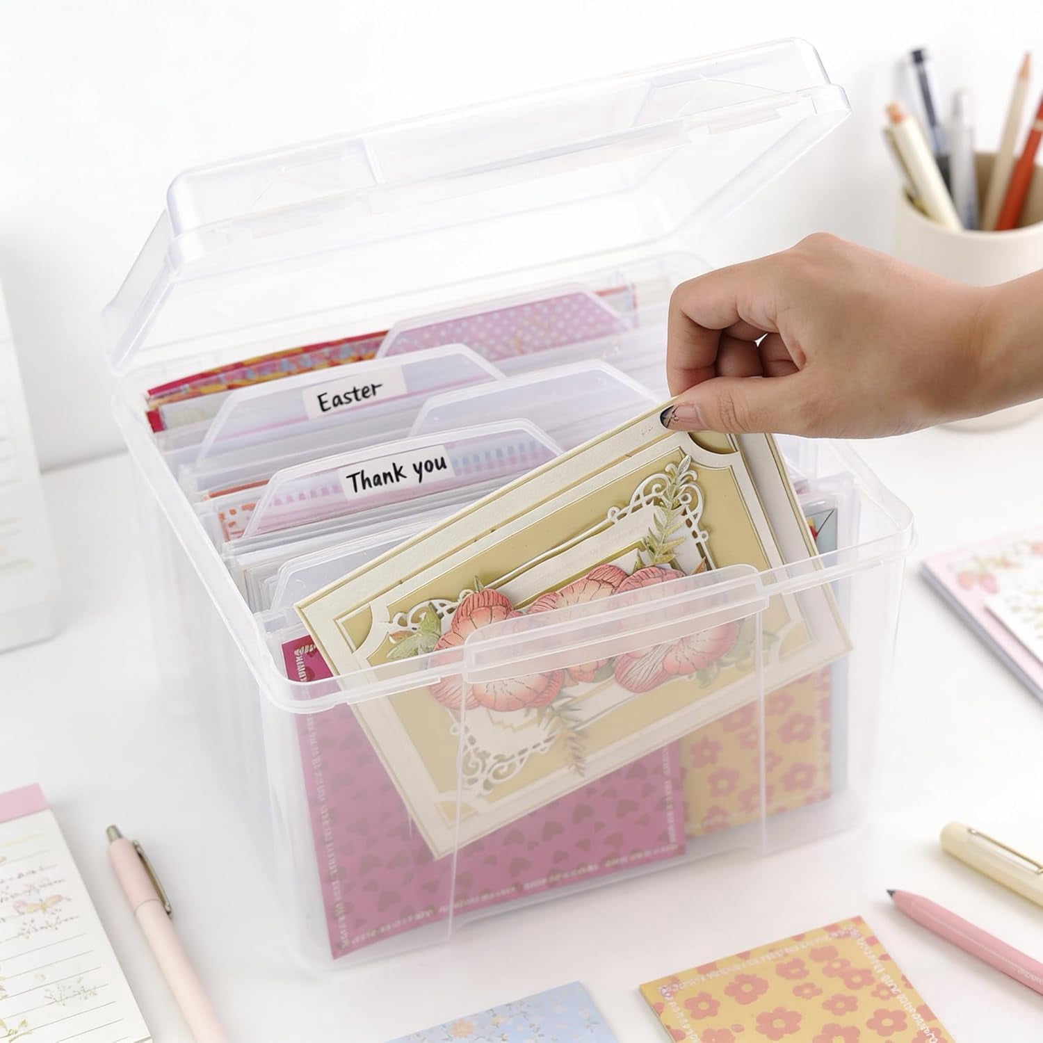 Greeting Card Storage & Organizer Box with 6 Removable Dividers for Holiday Birthday Get Well Cards Photos, Crafts, Scrapbooking(Clear)