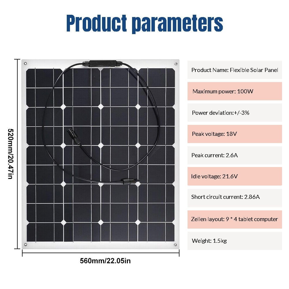 Semi-Flexible Solar Panel 100W 12V Bendable Thin Film Monocrystalline for Caravan RV Boat Camper Trailer