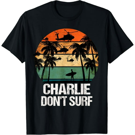 Charlie Dont Surf TShirt Helicopter Beach Vietnam Surfer T-ShirtMen's and women's gift, black and white T-shirt, size: Extra large S-4XL