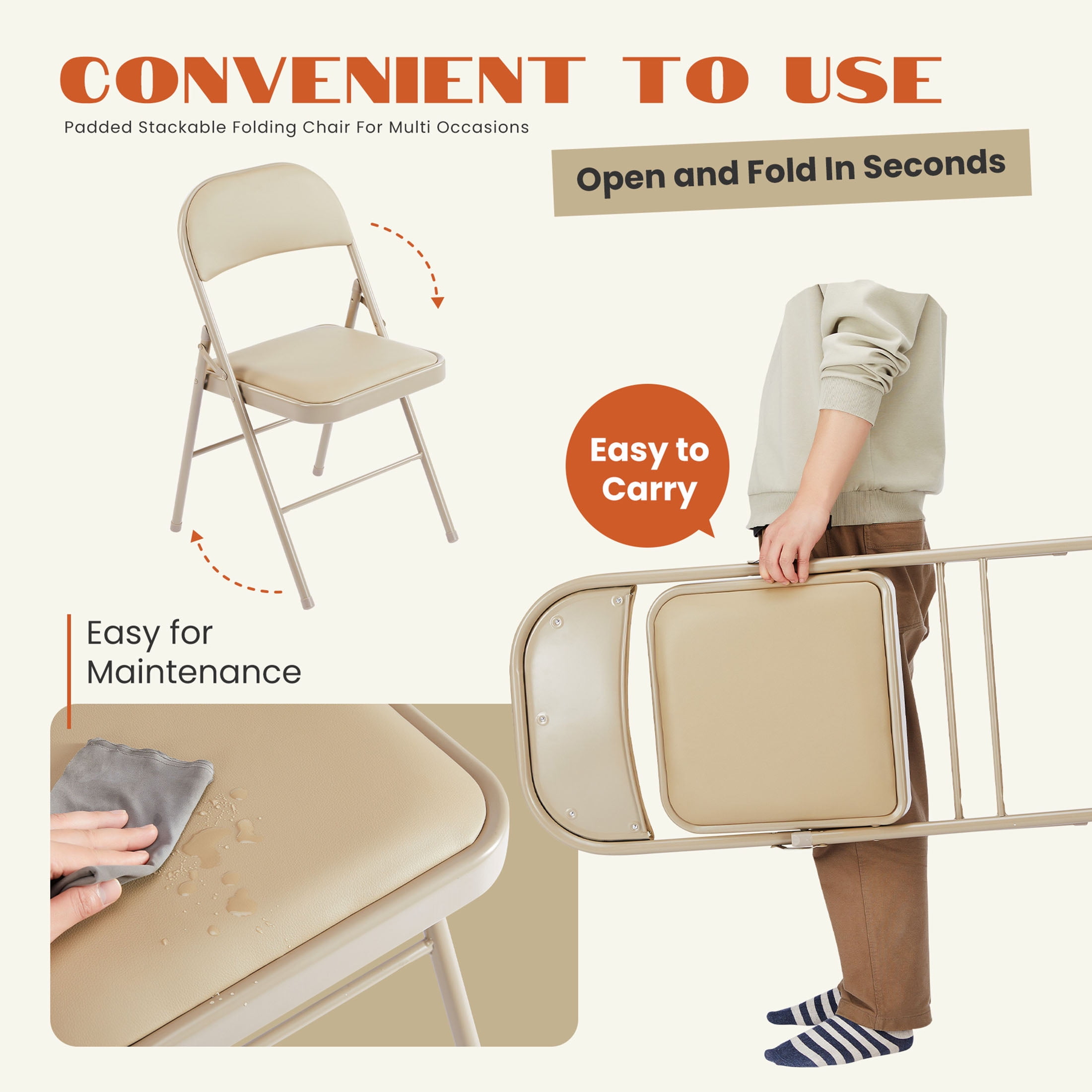 JIOABL Folding Chair 2 Pack, Convenient Leather Padded Folding Chairs, Khaki