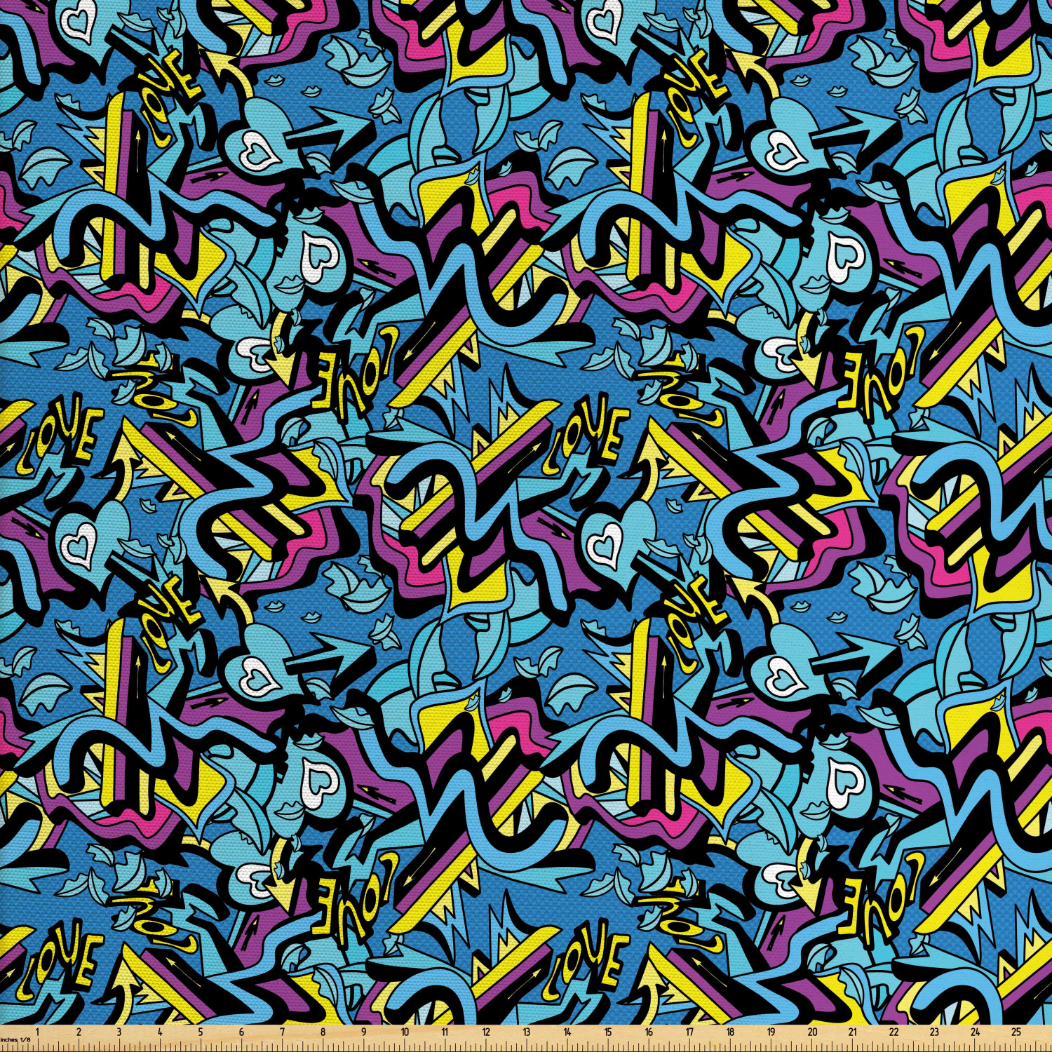 Psychedelic Fabric by The Yard, Graffiti Art Lines Lips and Hearts with