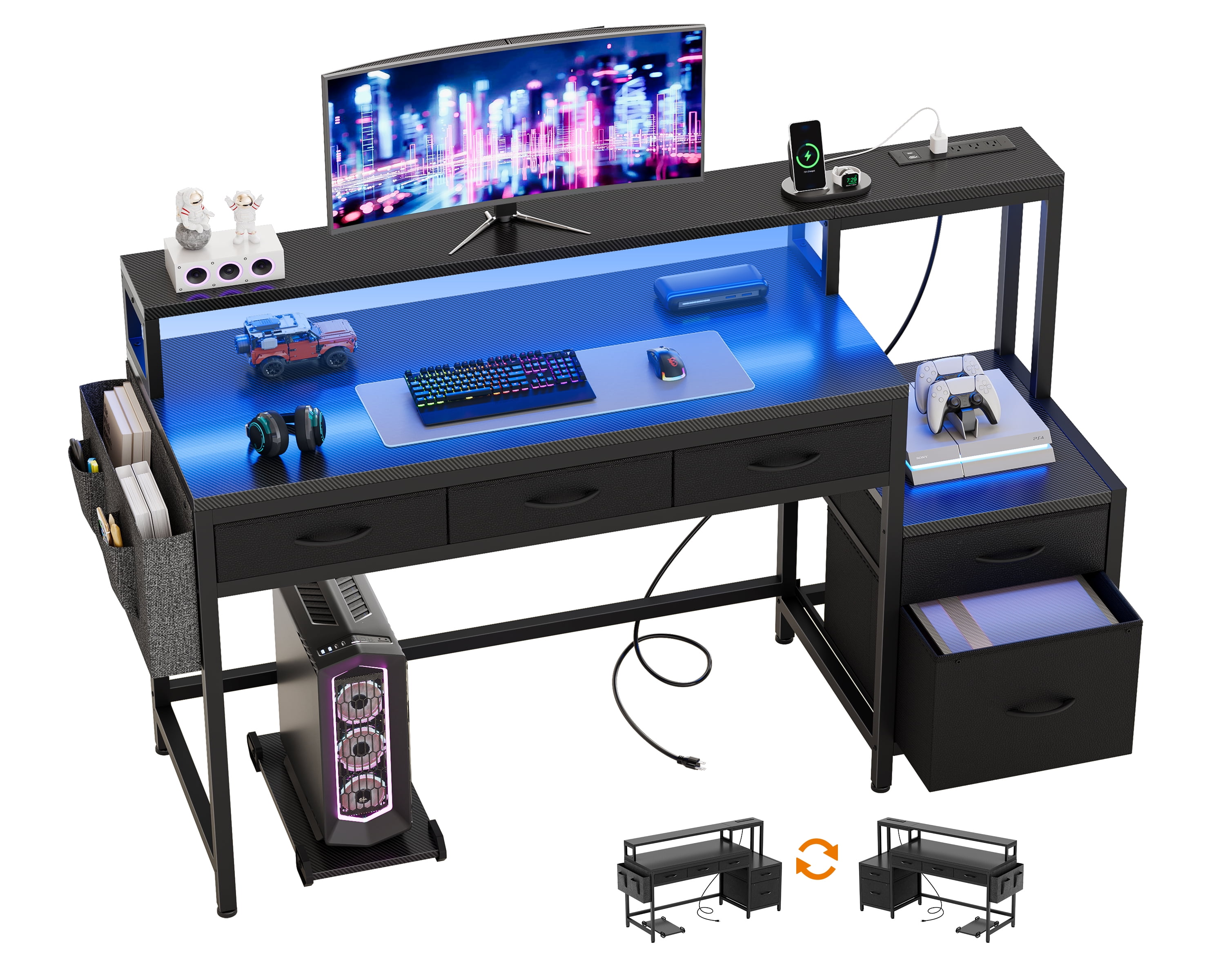 GUNAITO 60 inch Gaming Desk with 5 Fabric Drawers & Storage Shelves, Computer Desk with LED Lights & Charging Station, Carbon Fiber Black