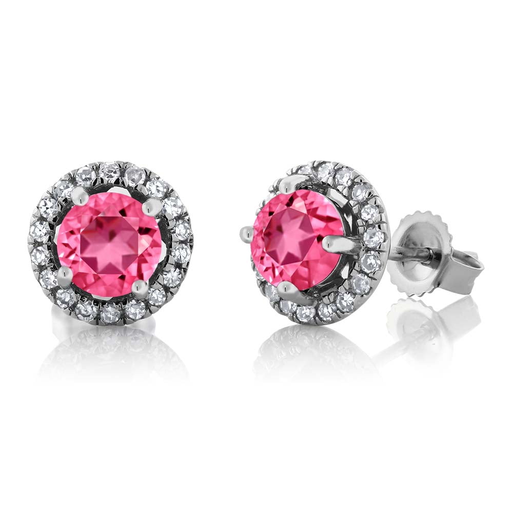 10K White Gold Diamond Earrings Natural Pink Topaz Cut by Swarovski by