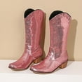 thumbnail image 1 of YOUSNH Bottes Western à Paillettes pour Femmes, Talons Aiguilles, Bout Pointu, Mi-Mollet, Hauteur Genou, Rouge 8, 1 of 9