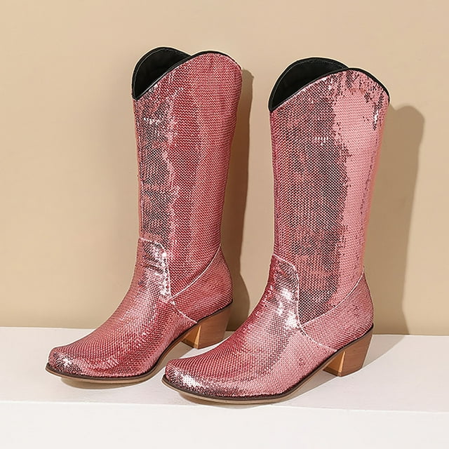 YOUSNH Bottes Western à Paillettes pour Femmes, Talons Aiguilles, Bout Pointu, Mi-Mollet, Hauteur Genou, Rouge 8