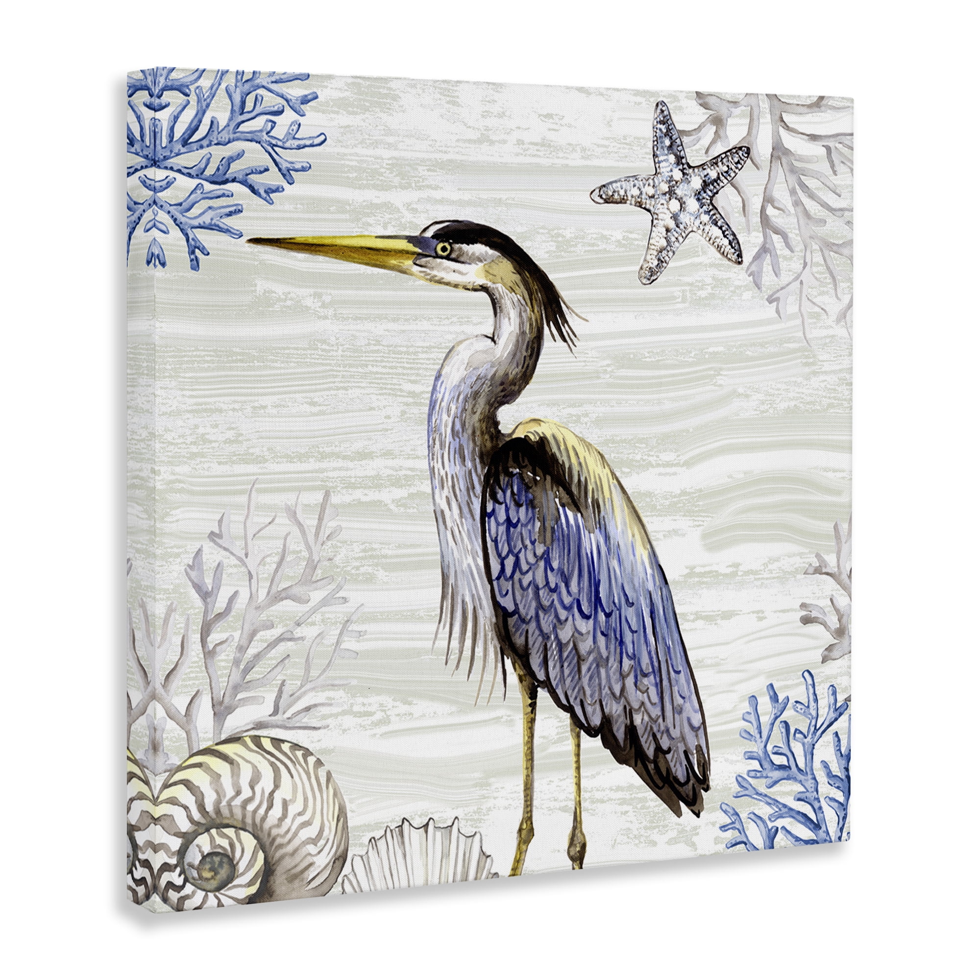 Stupell Industries Beach Bird Heron & Coral Animals Painting Wrapped Canvas Art Print Wall Art, 17 x 17