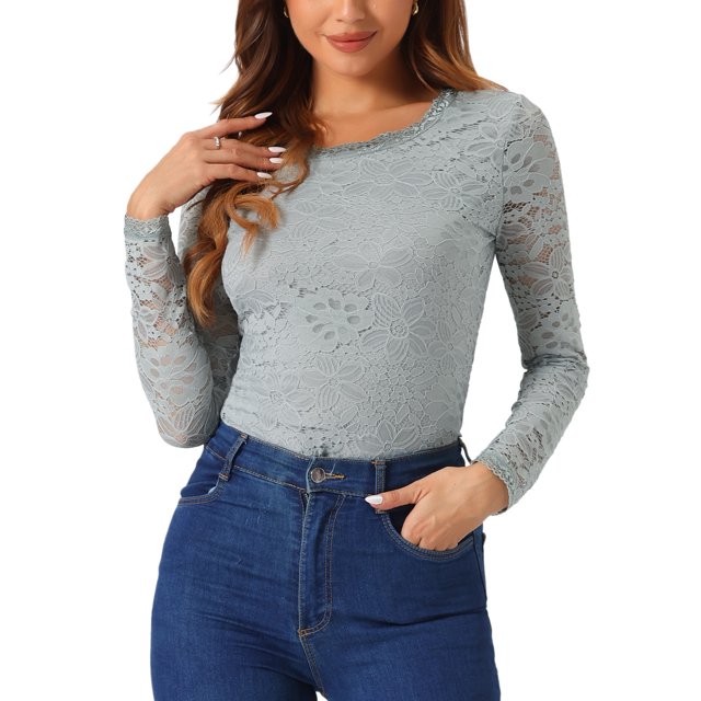 INSPIRE CHIC Blouse en Dentelle Transparente à Broderie Florale pour Femme à Col Rond à Manches Longues