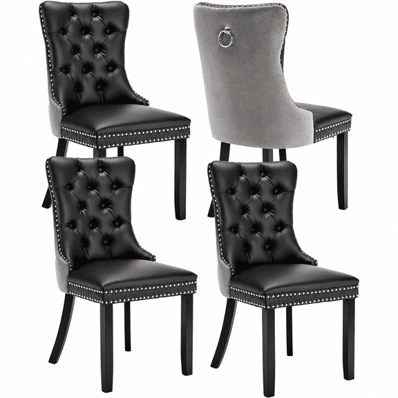 LegaHome Dining Room Chairs Set of 4, Modern Upholstered Velvet and PU Leather Dining Chair with Nailhead Trim and Solid Wood Legs, Tufted Button Padded Chairs Set for Kitchen Dining Room, Gray&Black
