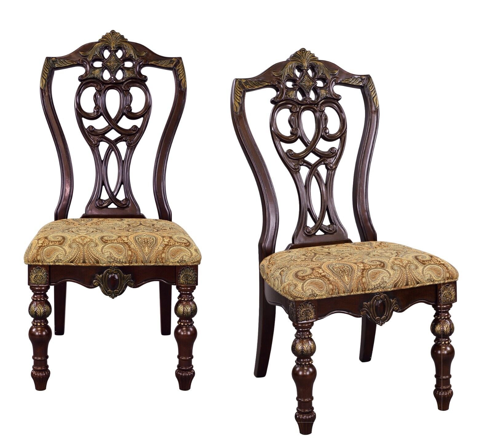 Traditional Dark Cherry Finish 4pc Chairs Set Gold Tipping Fabric