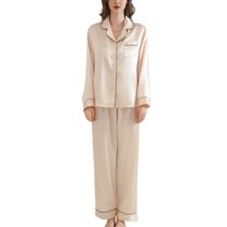 SWSMCLT Women's 2 Piece Pajama Set Satin Cool Spring Silky Pj Set Pajamas Summer Long Sleeve Pant V Neck Fall Golden Small