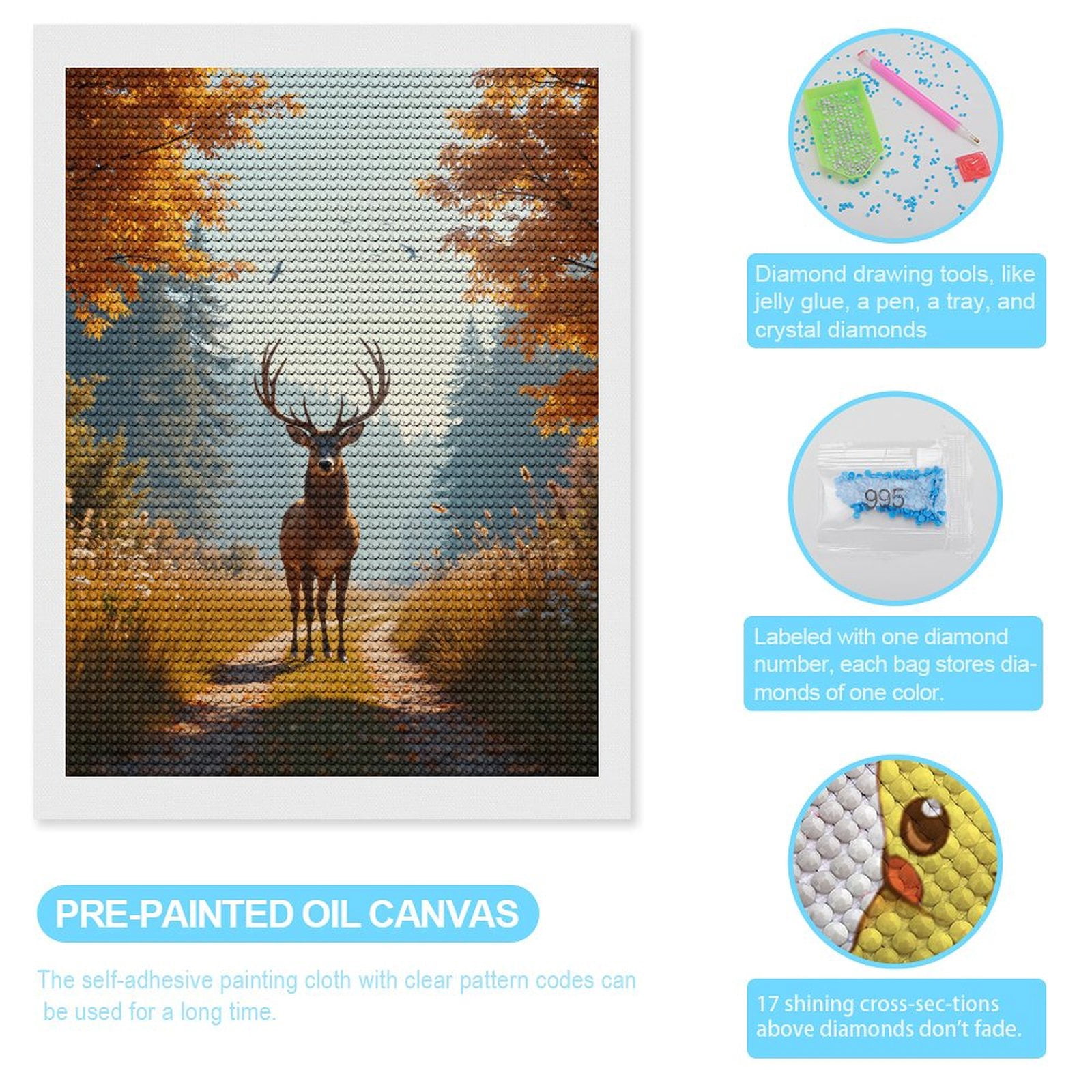 Diamond Art Kits for Adults - Autumn Deer Forest Path Wildlife 5d Diamond Painting for Adults, Diamond Art for Adults Beginners, Frameless Diamond Painting Kits for Adults for Home Wall Decor