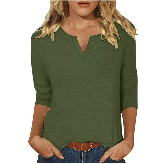 Htigea Womens 3/4 Length Sleeve Tops Solid Color V-Neck Tunic Blouse Casual Loose Fit Pullover Tees Lightweight Three Quarter Sleeves Shirts Army Green XXL